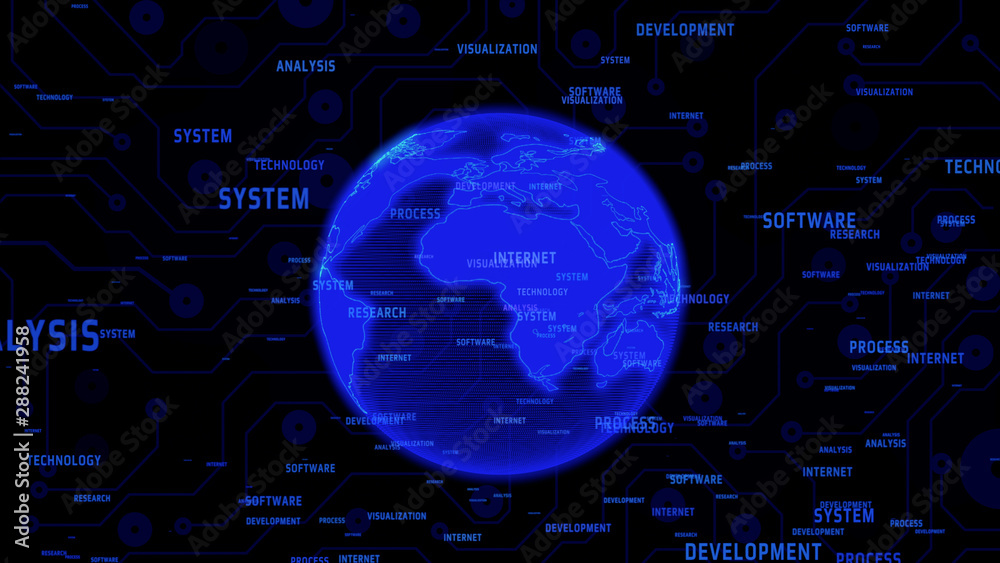 Poster Technology Digital Global Network Communication Presentation Explosion Word Illustration. Abstract Blue Earth 3D Rendering International Floating Intelligence Massage.