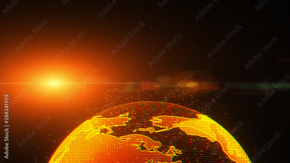 Aufkleber Earth Rotate Hi Technology Of Universe Scifi Graphic Illustration. Abstract Virtual Futuristic Spin Particle Wireframe Globe In Galaxy Space With Orange Sun Flare Shine Idea Concept Design.