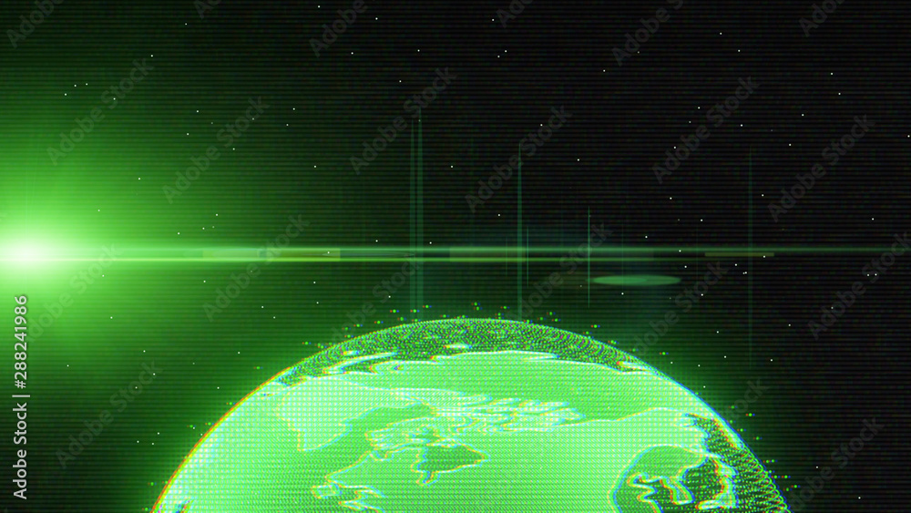 Poster Earth Rotate Hi Technology Of Universe Scifi Graphic Illustration. Abstract Virtual Futuristic Spin Particle Wireframe Globe In Galaxy Space With Red Sun Flare Shine Idea Concept Design.