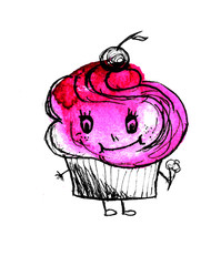 Pink cake in stain watercolor abstract illustration. Artistic design elements.