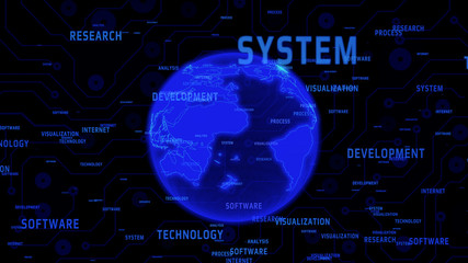 Technology Digital Global Network Communication Presentation Explosion Word Illustration. Abstract Blue Earth 3D Rendering International Floating Intelligence Massage.