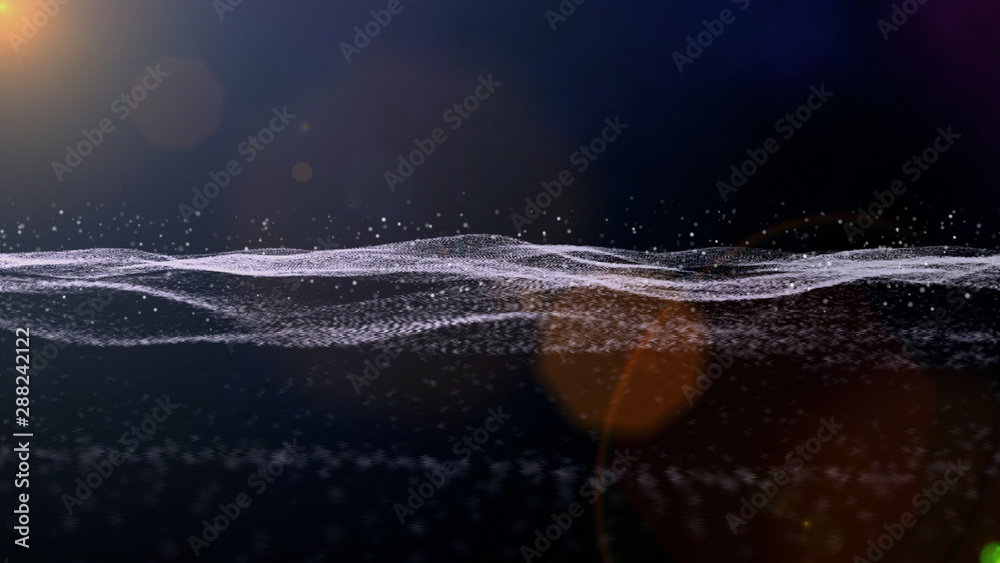 Leinwandbilder Digital Wave 3D Space Rendering Technology And Horizon Lens Flare Element Background. Abstract Scifi Landscape Sphere Dot In Galaxy With DOF Illustration.