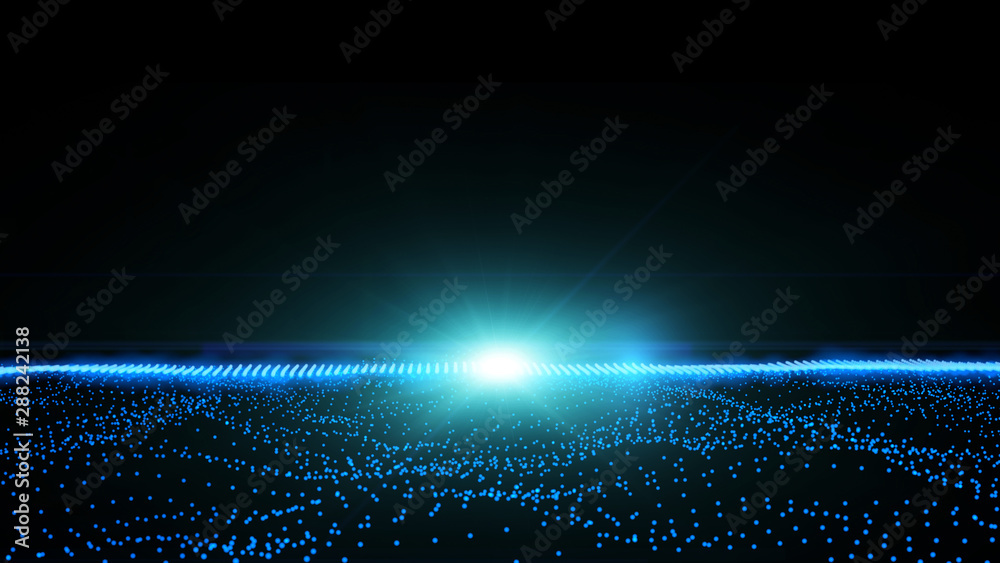 Leinwandbilder Digital Wave 3D Space Rendering Technology And Horizon Lens Flare Element Background. Abstract Scifi Landscape Sphere Dot In Galaxy With DOF Illustration.