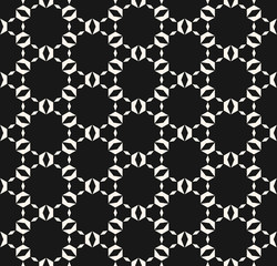 Black and white seamless pattern with small shapes, hexagonal grid, lattice, net