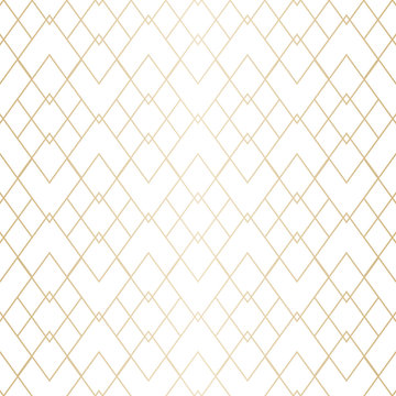 Golden seamless pattern. Subtle vector geometric lines texture. Gold and white ornament with delicate grid, lattice, net, mesh, rhombuses, diamonds. Abstract graphic background. Premium repeat design