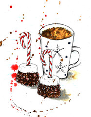 Christmas candy cane marshmallows and chocolate and white coffee mug cocoa tea with snowflakes lollipop red abstract