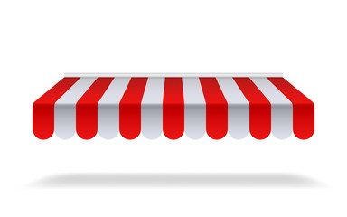 Red and white sunshade for marketplace or shop. Open awning with striped canvas for circus or store.Red canopy for cafe on isolated background. vector - obrazy, fototapety, plakaty
