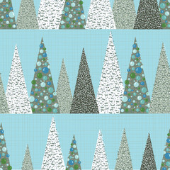 Modern Christmas trees seamless pattern with snow, ornaments and simple shapes. Woodland pine trees, some decorated and others plain, have a nostalgic feel. For textiles, wrapping paper and decor use.