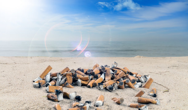 tons of cigarette butts are scattered on a beach