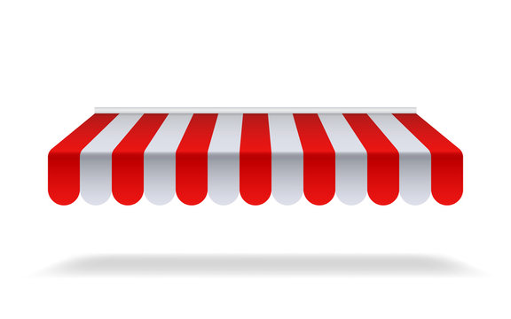 Red and white sunshade for marketplace or shop. Open awning with striped canvas for circus or store.Red canopy for cafe on isolated background. vector