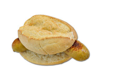 Sandwich with Thuringian grilled sausage, close up, isolated on white background