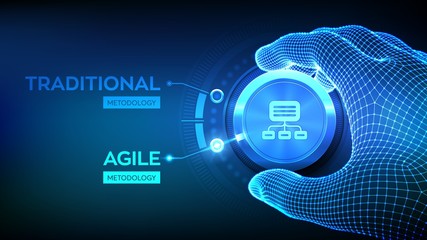 Agile software development methodology concept. Wireframe hand turning a knob and selecting Agile mode. Digital technology, big data concept. Flexible developing process. Vector illustration.