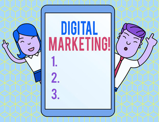 Text sign showing Digital Marketing. Business photo text market products or services using technologies on Internet Male and Female Index Fingers Up Touch Screen Tablet Smartphone Device