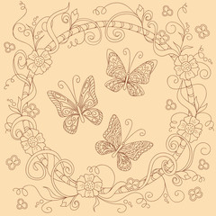 beige floral mandala and butterflies in boho style