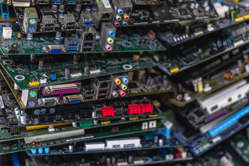 Closeup shot of computer mainboards laying on top of each other
