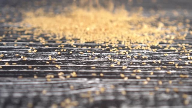 A handful of flax seeds fall on a black wooden surface. Slow motion, diet food concept