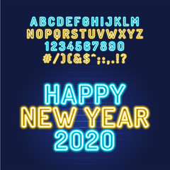 Happy new year 2020 Neon tube alphabet font. Color type letters and numbers. Vector typography for headlines, posters, etc.