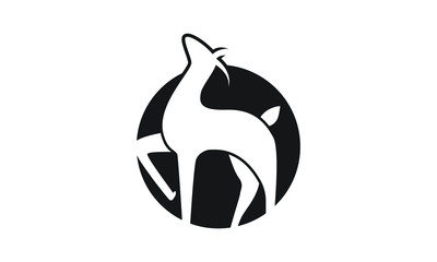 Stylized white deer silhouette with head tilted back inside a black circle