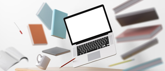 Home office workplace mess concept with laptop mockup and other objects flying in the air. Clipping path included. 3D Render