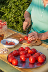 Female hands in the garden cutting tomatoes