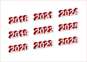 Years 2018 - 2026 in white and red digits, 3D extruded - Vector