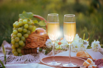 picnic on a grape field, 2 glasses of white wine and a basket of food and flowers