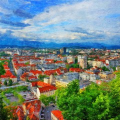 Fototapeta na wymiar Digital oil painting on canvas old european architecture view. Historical touristic place and buildings. Modern impressionism art. Artistic bush strokes artwork of europe travel. Postcard design print