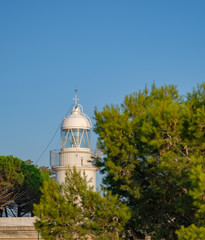 Obraz premium Summer view of the lighthouse surrounded by trees on blue sky background. Bright beautiful scenery, old lighthouse.