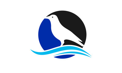 Stylized white bird silhouette perched on blue wave against black circle background