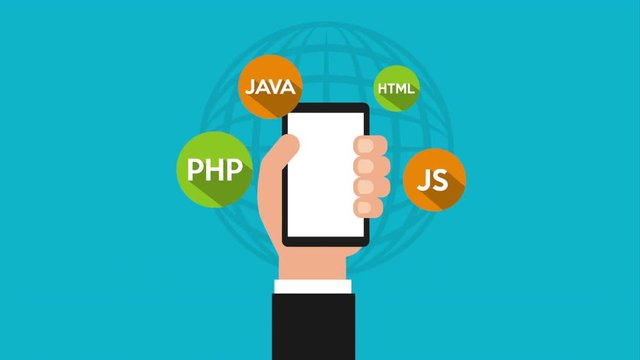 programming language with hand user and icons animation