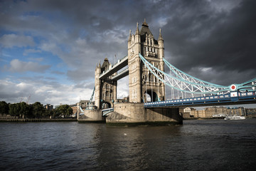 Tower Bridge in London at very cloudy day