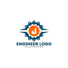 Initial letter J logo with Gears sign. Gear Vector Template.