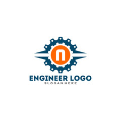 Initial letter N logo with Gears sign. Gear Vector Template.