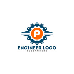 Initial letter P logo with Gears sign. Gear Vector Template.