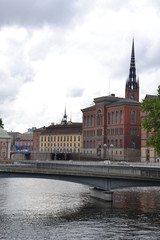 Obraz premium old buildings of Ryddarholm and the spire of Riddarholmskyrkakyrka
