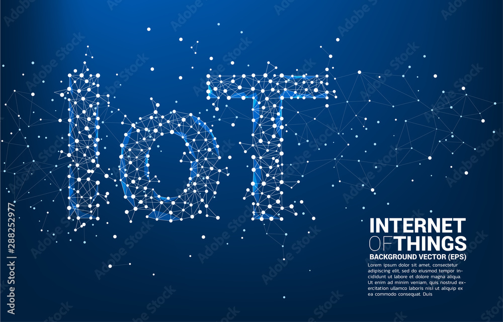 Poster Vector Polygon dot connect line shaped IoT wording . Concept for telecommunication and internet of things.