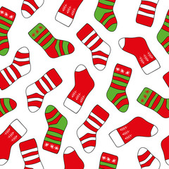 Seamless background Christmas Socks on the white background. New Year and Christmas background with bright striped socks of red and green color.