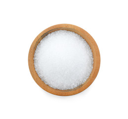 sugar in wooden bowl on white background