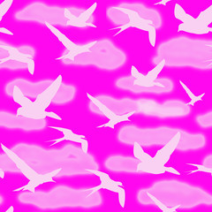 Seamless pink pattern. Light silhouettes of flying birds on a background of light pink clouds and a pink sky.