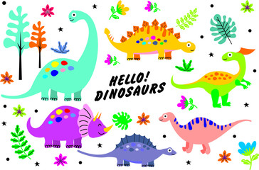 Fototapeta na wymiar Cute Cartoon Dinosaur Background Pattern Stock Vector