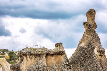 Limestone mountains in the valleys of Cappadocia. Great landscape.