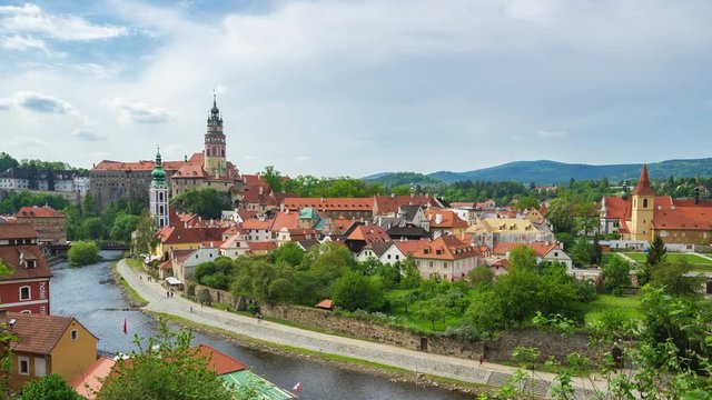 Cesky Krumlov city skyline video time lapse in Czech.