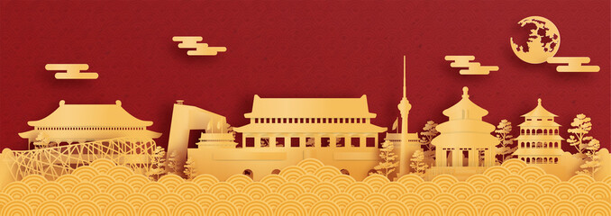 Panorama postcard and travel poster of world famous landmarks of Beijing, China in paper cut style vector illustration