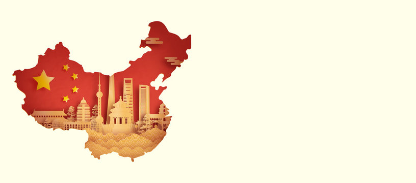 China flag with world famous landmarks Shanghai in paper cut style vector illustration