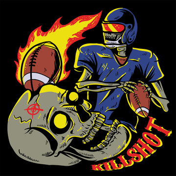 Skull playing american football. Skull get hit by ball. Killshot fire ball vector illustration for t-shirt design, sticker, or poster