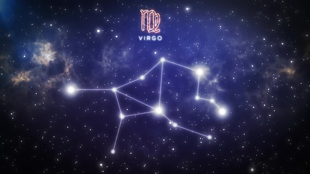 Night sky universe with twinkling stars and a light streak that shows the path that forms the zodiac constellation of  Virgo