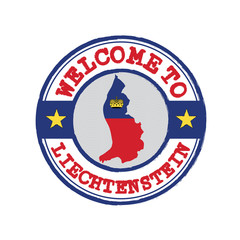 Vector stamp of welcome to Liechtenstein with map outline of the nation in center.