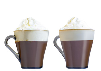 Cappuccino in a glass mug with whipped cream. The photo.