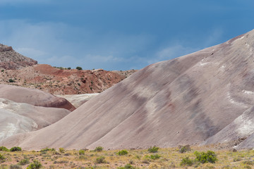 Landscape of barren striped grey hillside near Hanksville, Utah