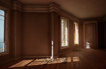 Abandoned empty room sunlight window wooden floor